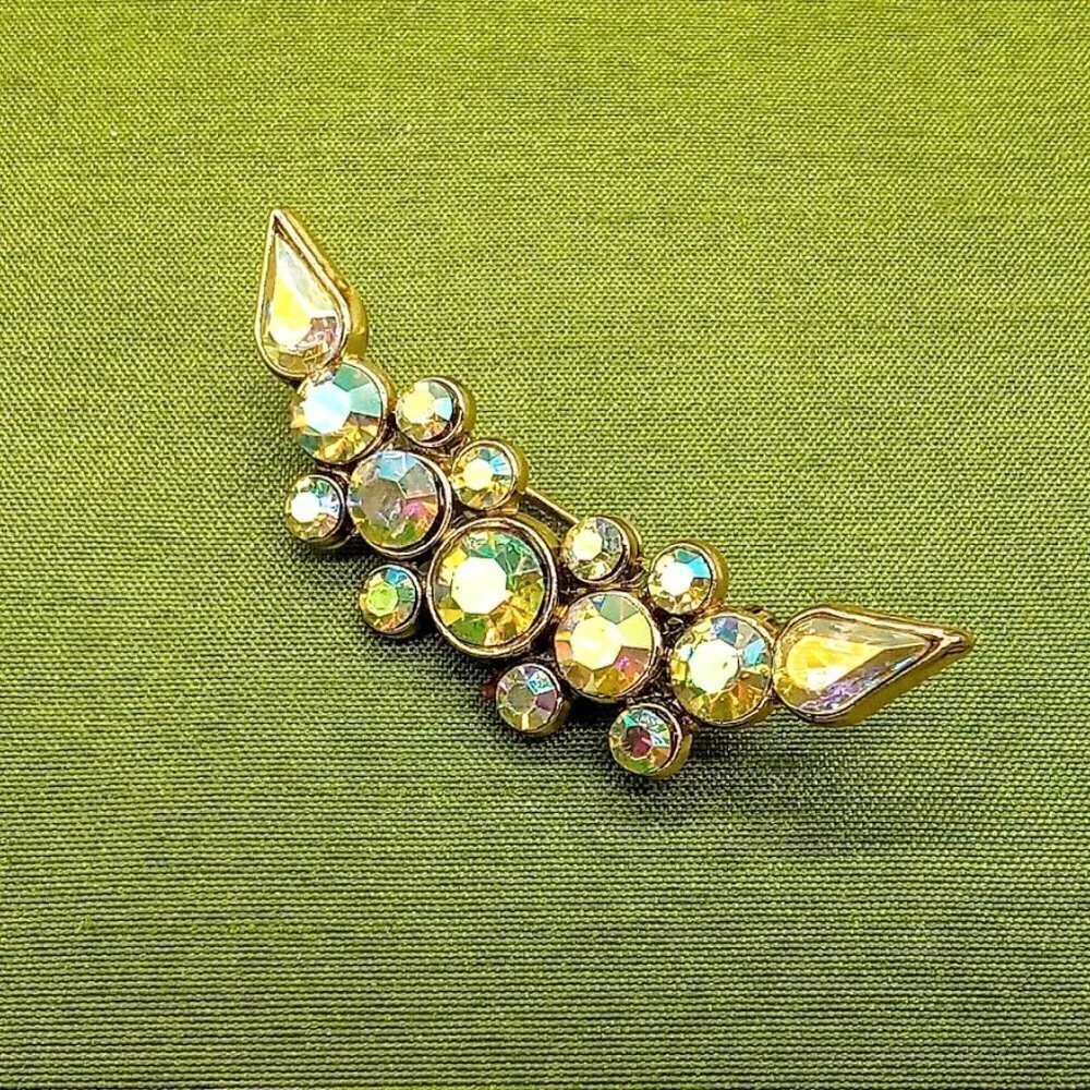 Vintage Aurora Borealis Crystal Bar Pin Gold Brooch